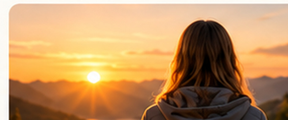 En person ser ut over fjellene ved solnedgang